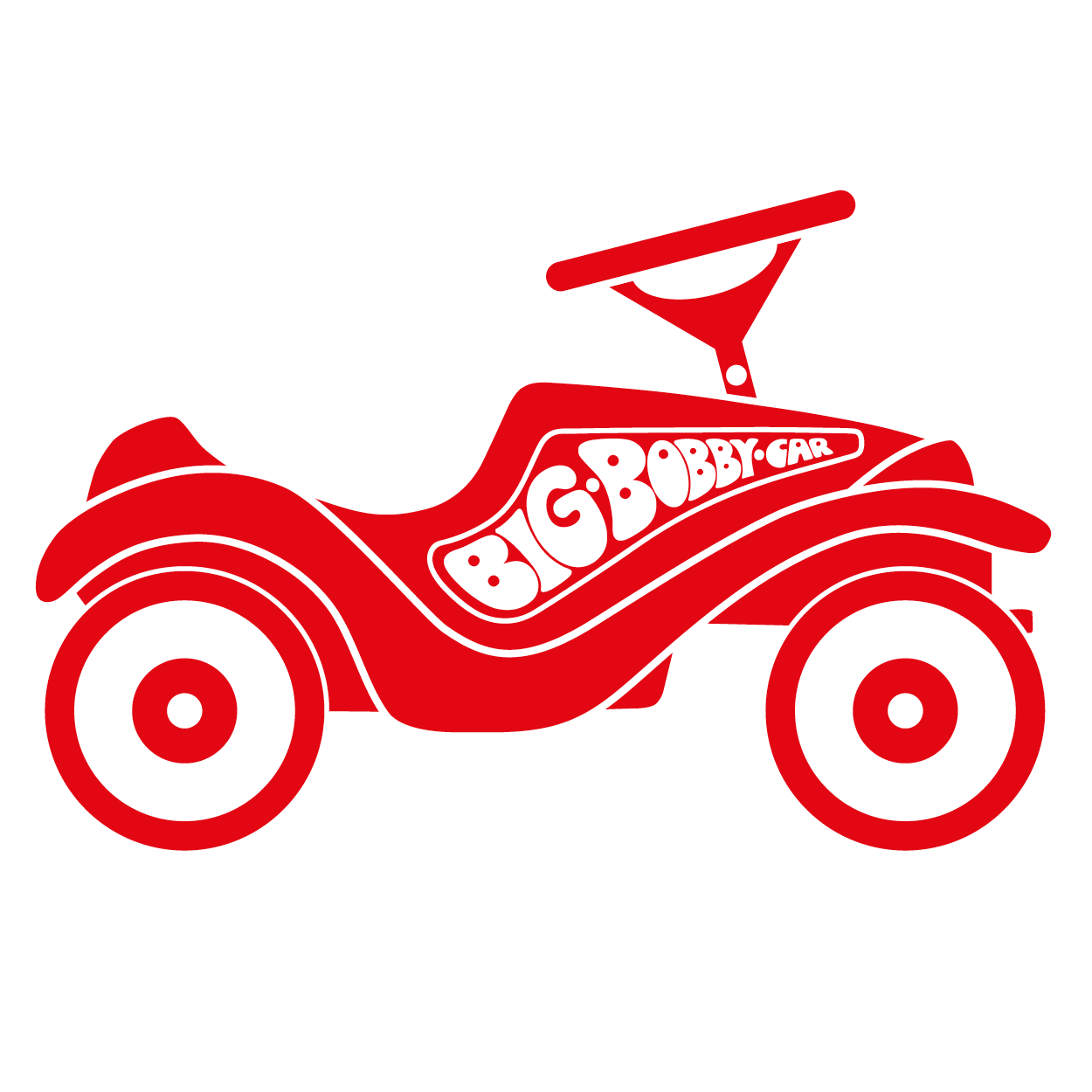 Rotes stilisiertes Bobby-Car-Logo mit dynamischen Flammenlinien als Symbol für Geschwindigkeit.